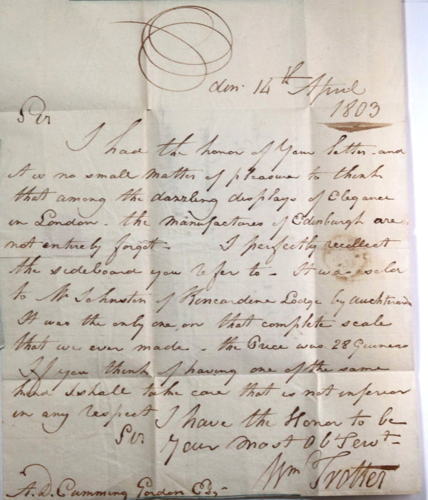 1803 letter from Scotland's greatest cabinet-maker William Trotter