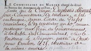 1802 Brest Marine, sous commissaire allant à Toulon sur Le Scipion