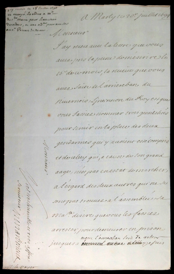 1694 lettre M. de Barbezieux à M. de Voyer: gendarmes de Nevers