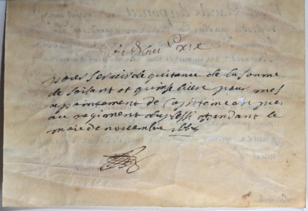 1668 quittance Capitaine Duponcet, régiment du Plessis-Praslin