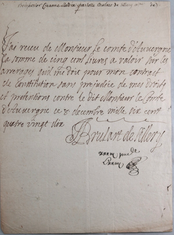 1690 quittance de Jeanne Brûlart de Sillery au Comte d'Auvergne