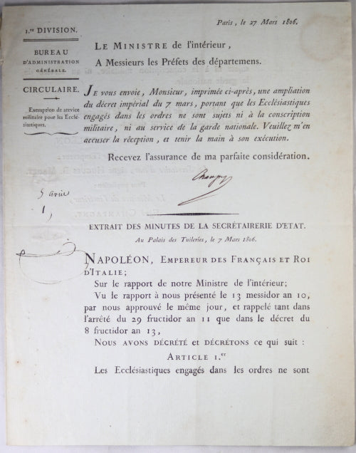 1806 circulaire sur Ecclésiastiques, signé Champigny (Ministre)