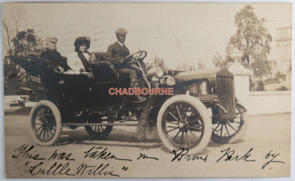 1907 NYC photo postcard auto in Bronx Park, African-American chauffeur