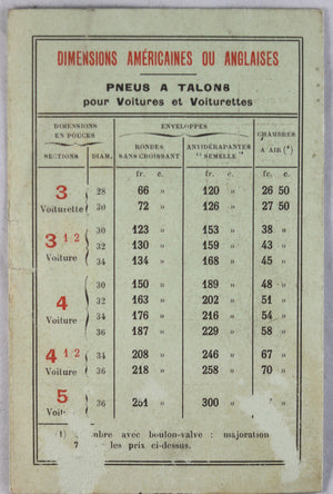 1911 pneus Michelin – extrait du tarif