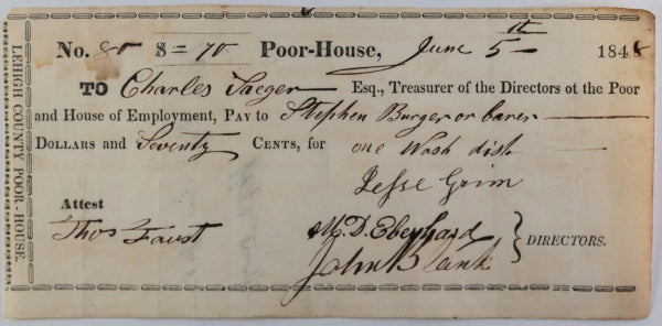 June 5 1848 Allentown PA Lehigh County Poor-House cheque for wash dish