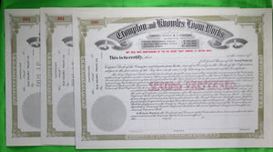 Set of 3 unused preferred stock certificates Crompton and Knowles Loom Works (1897?)
