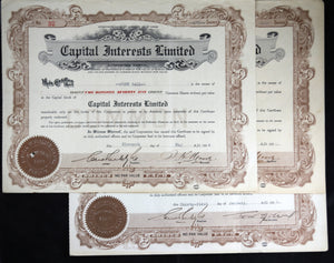 Three stock certificates ‘Capital Interest Limited’ 193436
