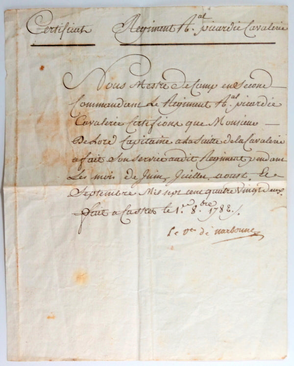 1782 Régiment Royal Picardie Cavalerie certificat Vicomte Narbonne