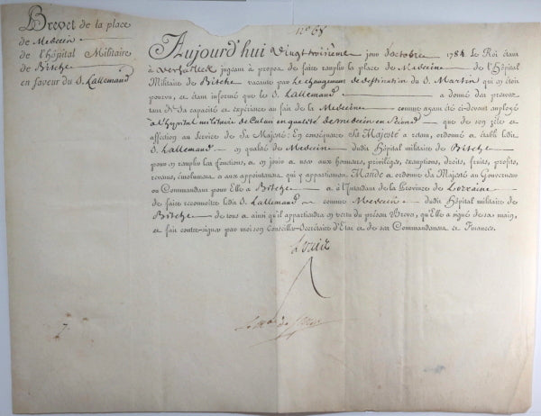 1784 Louis XVI nomination brevet de médecin Hôpital Militaire Bitche