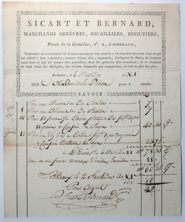 1803 France Bordeaux facture joailliers Sicart et Bernard Mlle Pichon