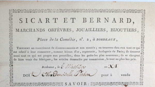 1803 France Bordeaux facture joailliers Sicart et Bernard Mlle Pichon