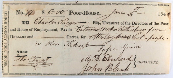1848 Lehigh County PA Poor-House cheque