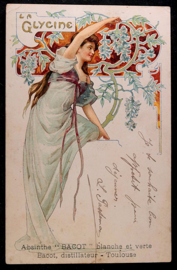 1905 France carte postale publicité pour absinthe Bacot ‘La Glycine’