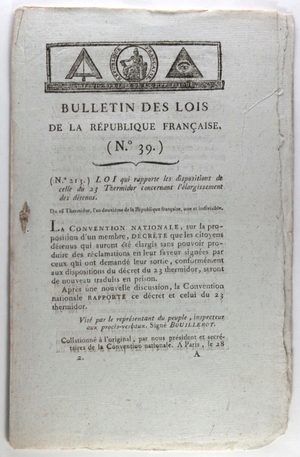 France Révolution deux Bulletin des Lois 1794 (après 10 Thermidor)