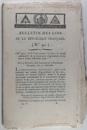 France Révolution deux Bulletin des Lois 1794 (après 10 Thermidor)