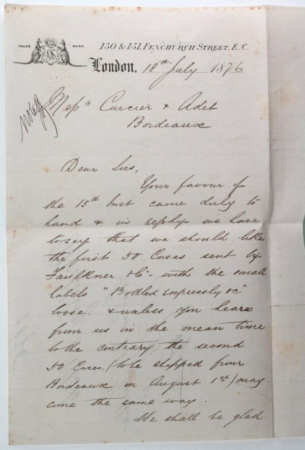 1876 London UK Methley & Ash wine merchant order of Bordeaux 1876 London UK Methley & Ash wine merchant order of Bordeaux