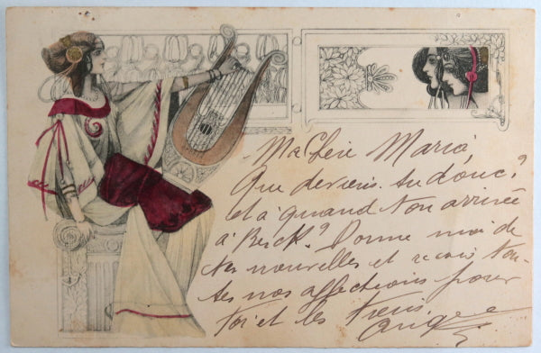 1900 French Art Nouveau postcard with lady playing lyre