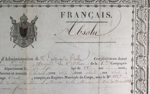 1814 France Boulogne congé absolu 12é équipage de flottille ...