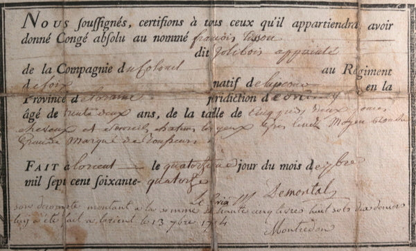 1774 L'Orient France congé militaire Régiment d'Infanterie de Foix