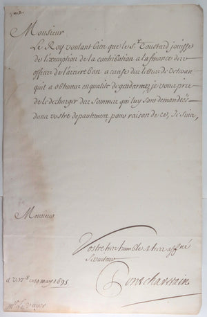 1695 lettre M. de Pontchartrain à M. de Voyer: gendarme arrière-ban