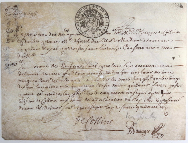 1698 Paris quittance de Collin premier maitre d’Hotel Palais Royal