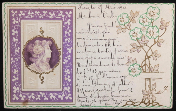 1903 deux cartes postales Art Nouveau avec demoiselle