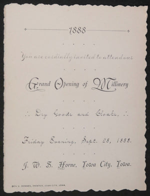 1888 USA Iowa City invitation to Grand Opening of Horne’s Millinery