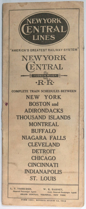 1912 USA railway timetable New York Central Railway