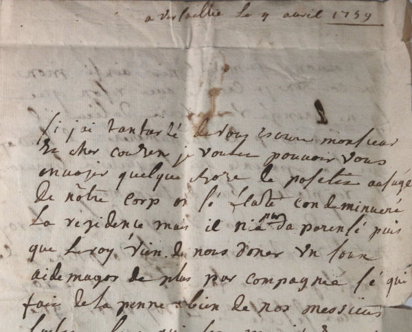 1759 lettre de Versailles à St. Sauveur, garde corps Louis XV