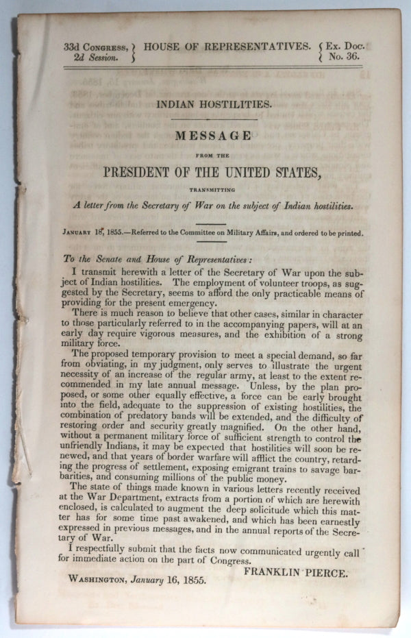 1855 USA pamphlet extracts War Department regarding Indian Hostilities