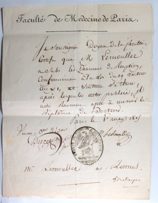 1815 Paris diplôme docteur de chirurgie Faculté de Médecine