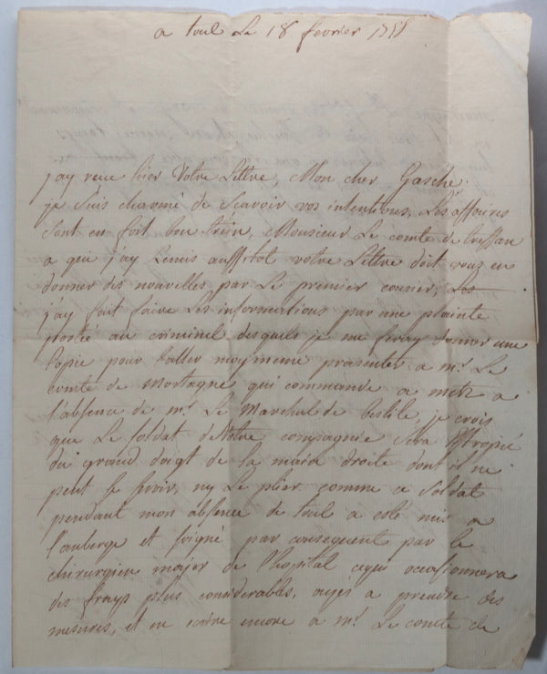 1755 lettre de Toul à Capt. régiment Penthièvre Infanterie à Mezières