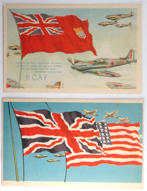 WW2 Canada set of 2 patriotic postcards, RCAF planes and flags