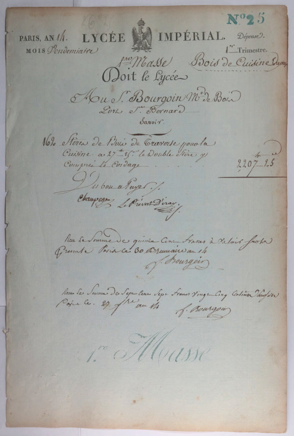 1805-06 Paris Lycée Impérial lot de 4 quittances produits et services