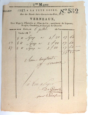 Paris 1812-13 deux factures A LA TÊTE NOIRE, achats Lycée Impériale