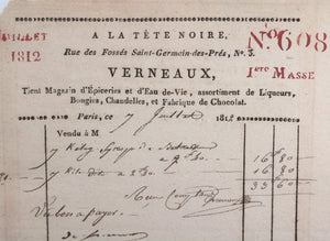Paris 1812-13 deux factures A LA TÊTE NOIRE, achats Lycée Impériale