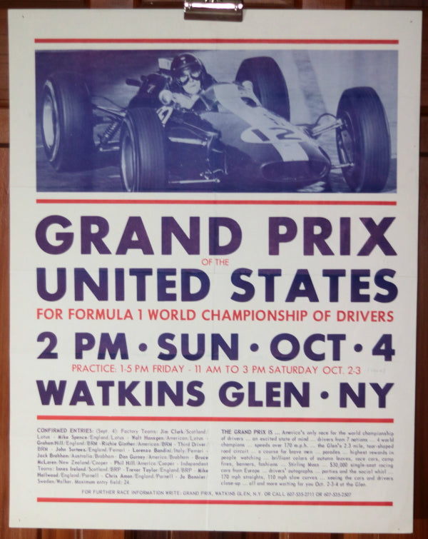 1964 poster US F1 Grand Prix car race at Watkin Glens NY