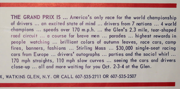 1964 poster US F1 Grand Prix car race at Watkin Glens NY 1964 poster US F1 Grand Prix car race at Watkin Glens NY