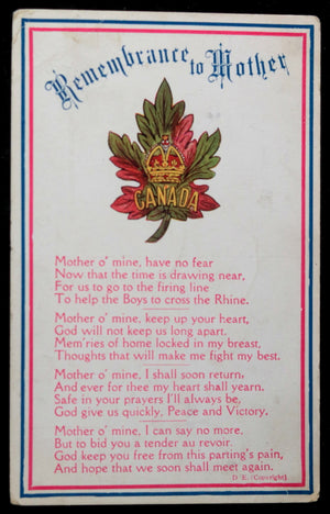 WW1 Canadian C.E.F. postcard ‘Remembrance to Mother