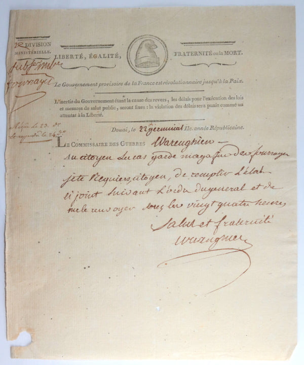1794 Douai lettre Commissaires des Guerres Warenghien sur fourrages