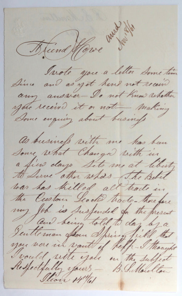 1861 USA Civil War 2 letters Springfield Armory to Providence Tool