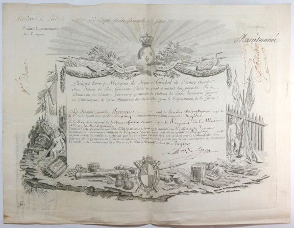 1787 Versailles récompense militaire accordé par le Maréchal de Ségur