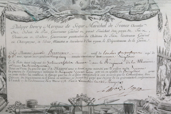 1787 Versailles récompense militaire accordé par le Maréchal de Ségur