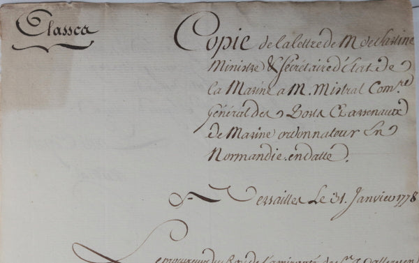 1778 France lettre Sartine ministre  Marine à M. Mistral Le Havre