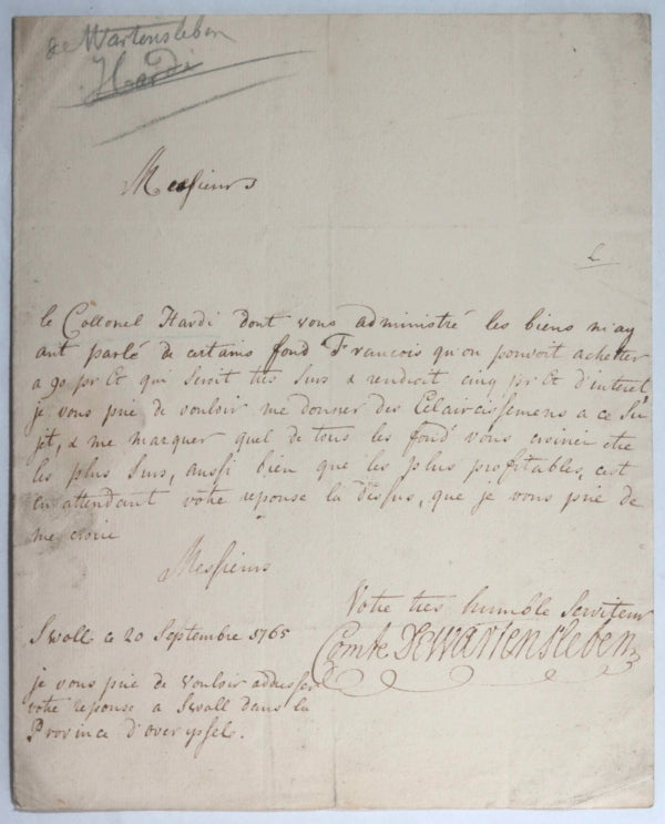 1765 lettre du Comte de Wartensleben au sujet d’investissement