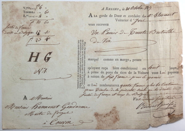 1819 Reims lettre de voiture, transport de vin à Couvin Belgique 1819 Reims lettre de voiture, transport de vin à Couvin Belgique
