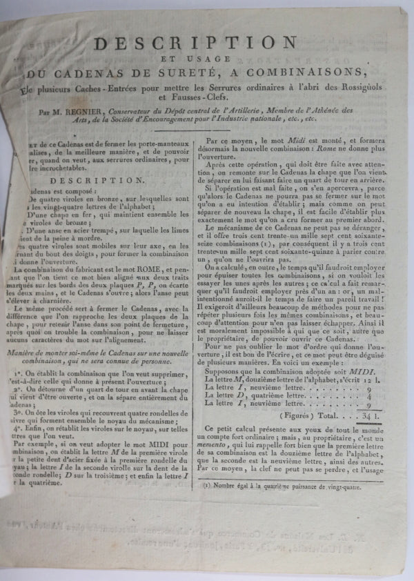 Paris France début 19e deux prospectus, cadenas et lampe mécanique