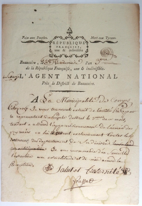 1794 Beaucaire (Gard), approvisionnement Armée de Pyrénées