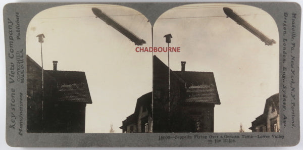 Stereoscopic photo of Zeppelin flying over German town c. 1923