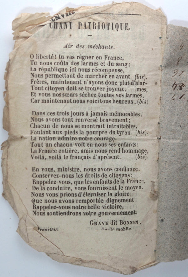 France  chansons patriotiques révolution ‘Trois Glorieuses’ de 1830